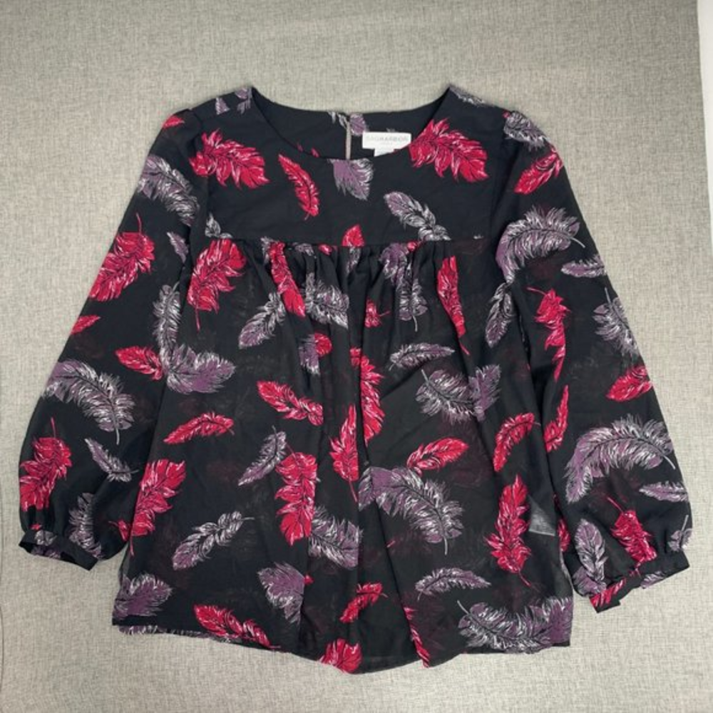 Sag Harbor Woman Lightweight Blouse 1X Red Black Long Sleeve Semi- Sheer Round N